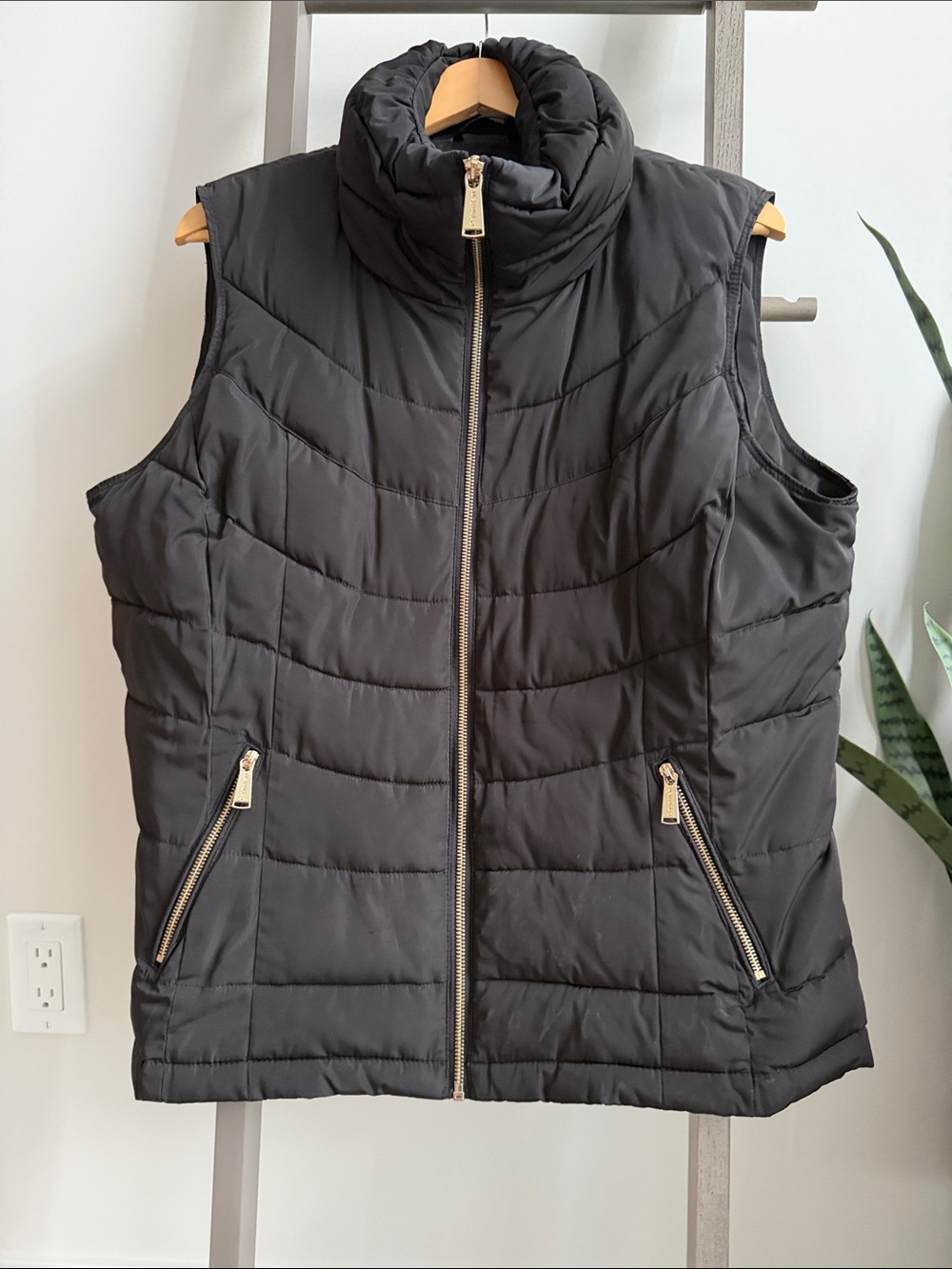 Calvin Klein Black Quilted Puffer Vest with Gold Zippers
